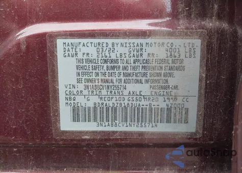 2022 Nissan Sentra Sv Xtronic Cvt из США, поврежденный, VIN 3N1AB8CV1NY255714